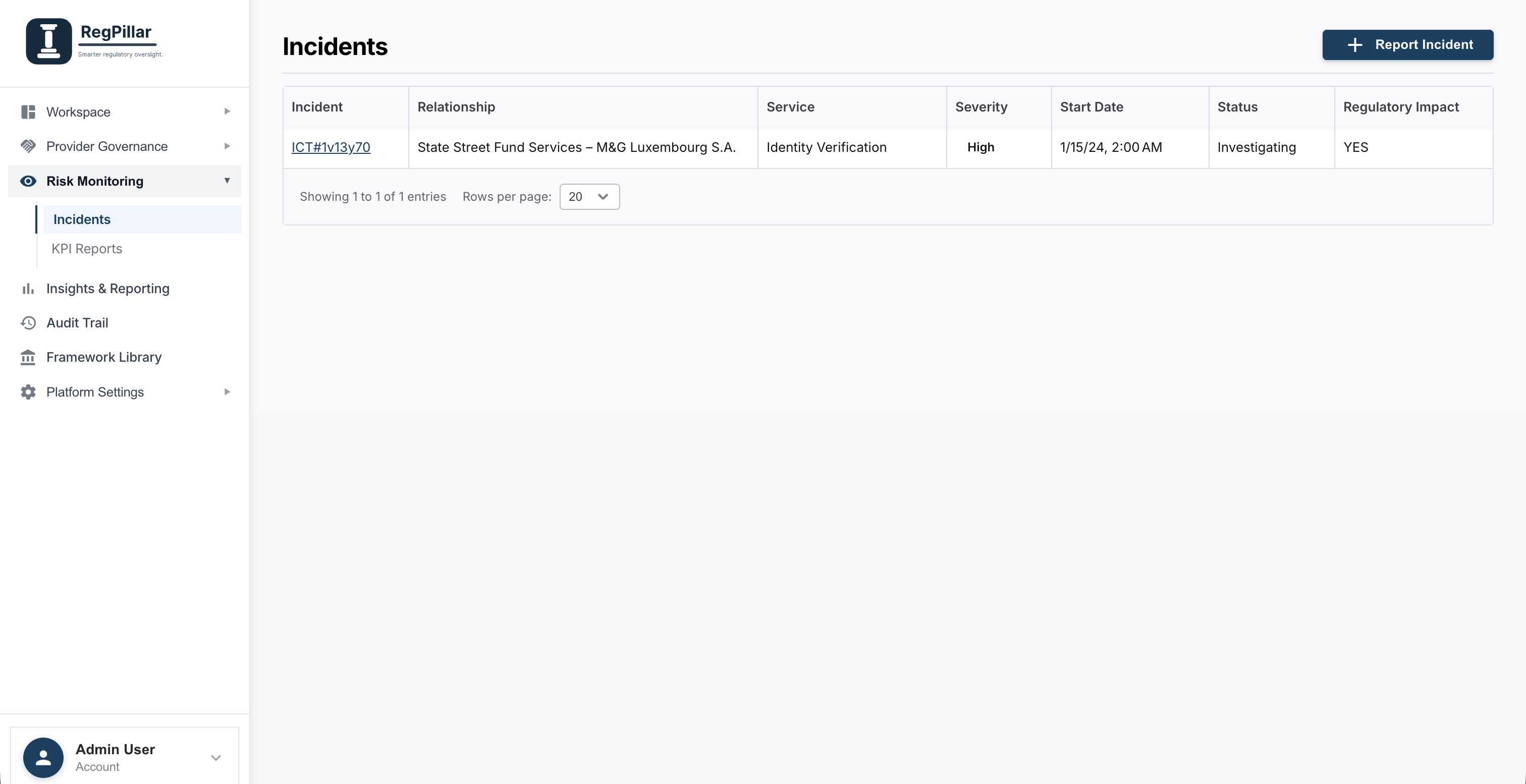 RegPillar incident management dashboard preview